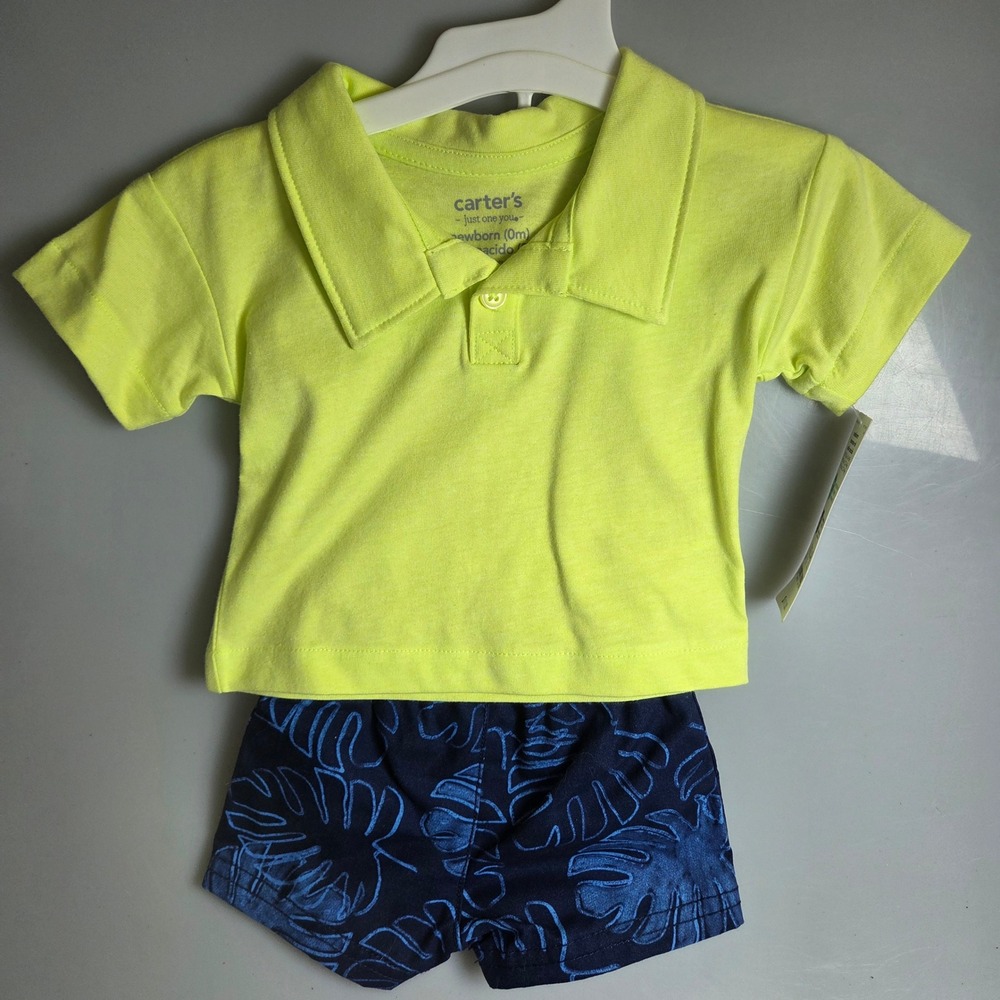 Carters Just One You Newborn Neon Yellow Polo and Navy Leaf Print Shorts‎ Set